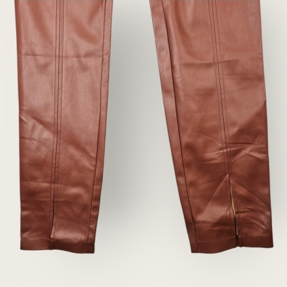 NEW Jason Wu High Rise Faux Leather Pant Slim Fit Slit Hem Caramel Medium - Picture 7 of 16